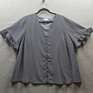 Cece Garden Geo Print Ruffle Short Sleeve Top 3X  Crepe Covered buttons V neck